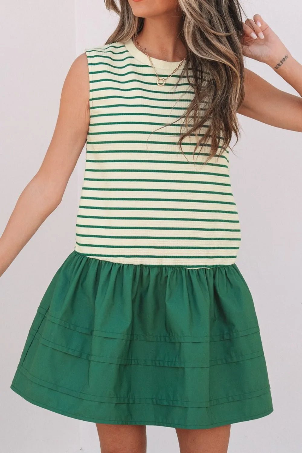 Stripe Woven Sleeveless Mini Dress – Dark Green for Shopify Collective (4 view)