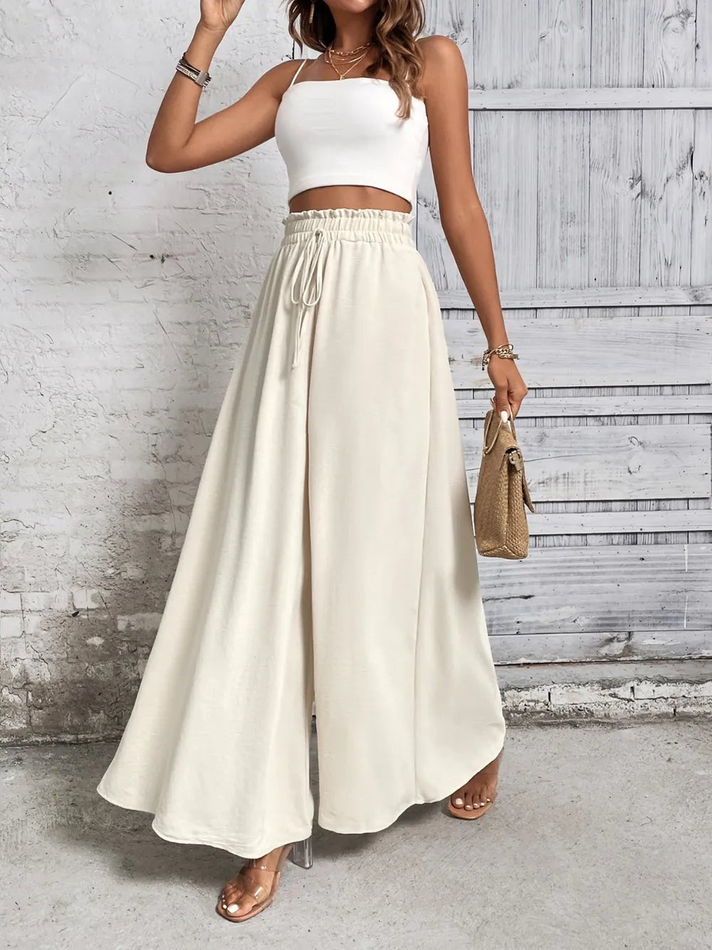 Honey Tied High Waist Wide Leg Pants – Beige for Shopify Collective (3 view)