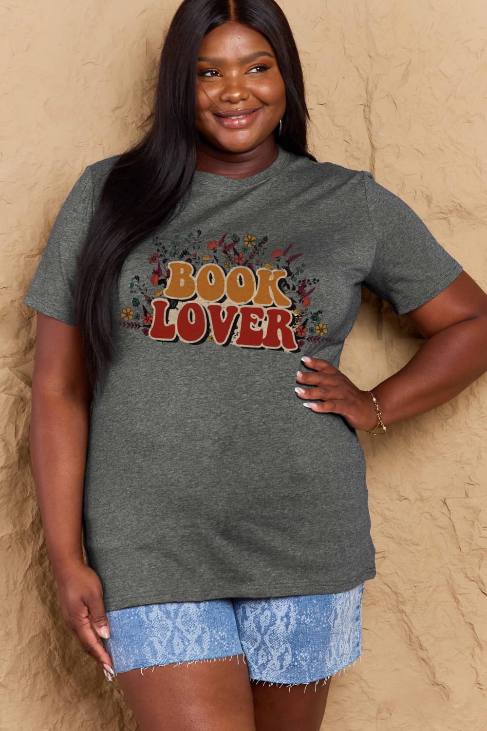 Simply Love Full Size BOOK LOVER Graphic Cotton Tee – Charcoal Women's Top for Shopify Collective (7 view)