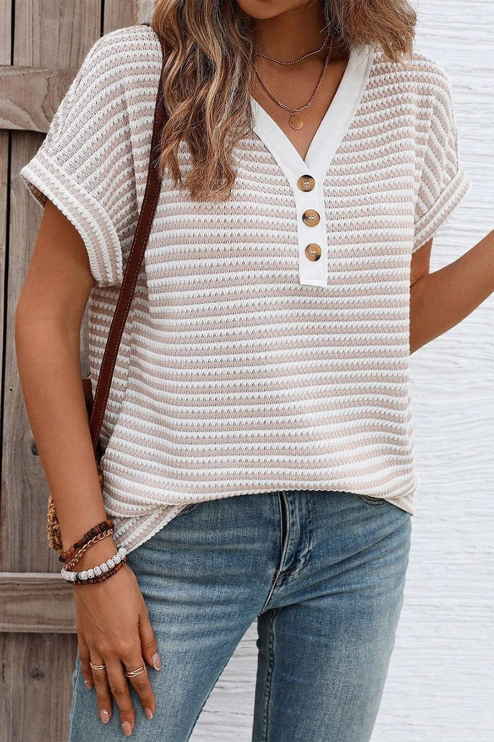 Stripe Buttoned Front V Neck T Shirt – Khaki by Simply Love