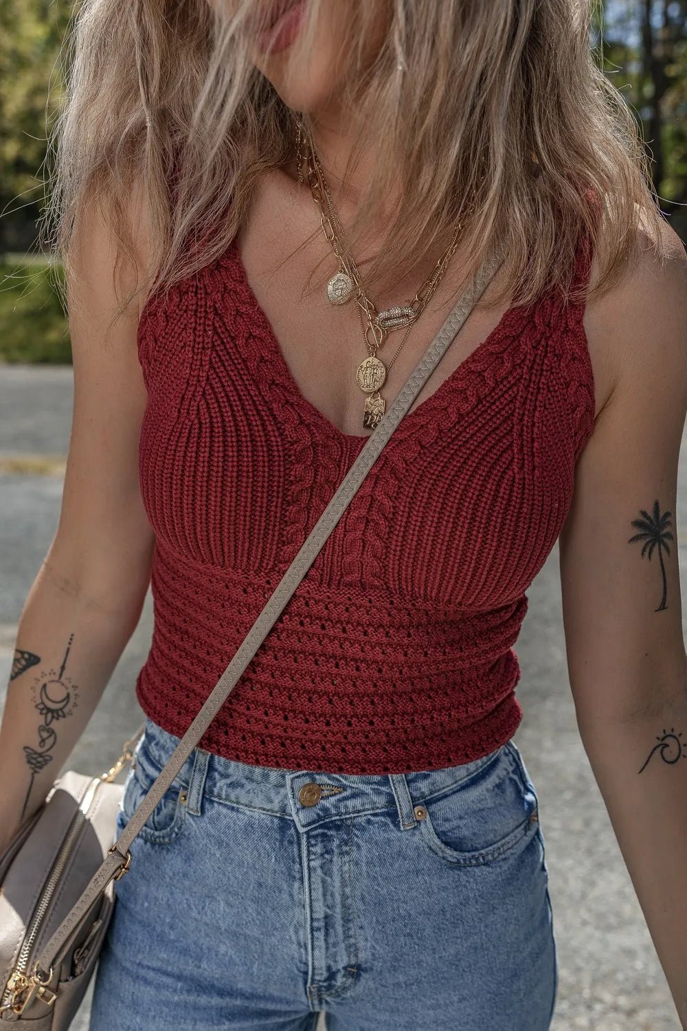 Cable Knit Pointelle Slim Fit V Neck Sweater Vest – Burgundy for Shopify Collective (5 view)