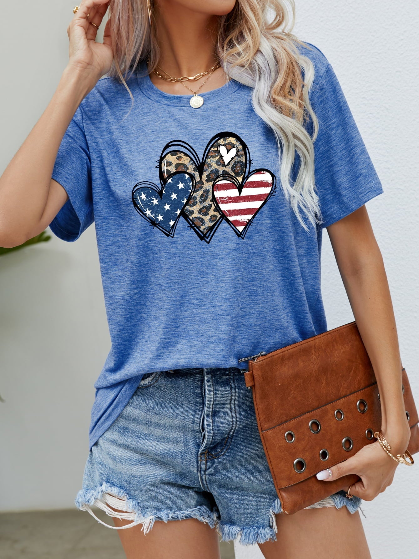US Flag Leopard Heart Graphic Tee – Cobalt Blue Women's Top for Shopify Collective (4 view)