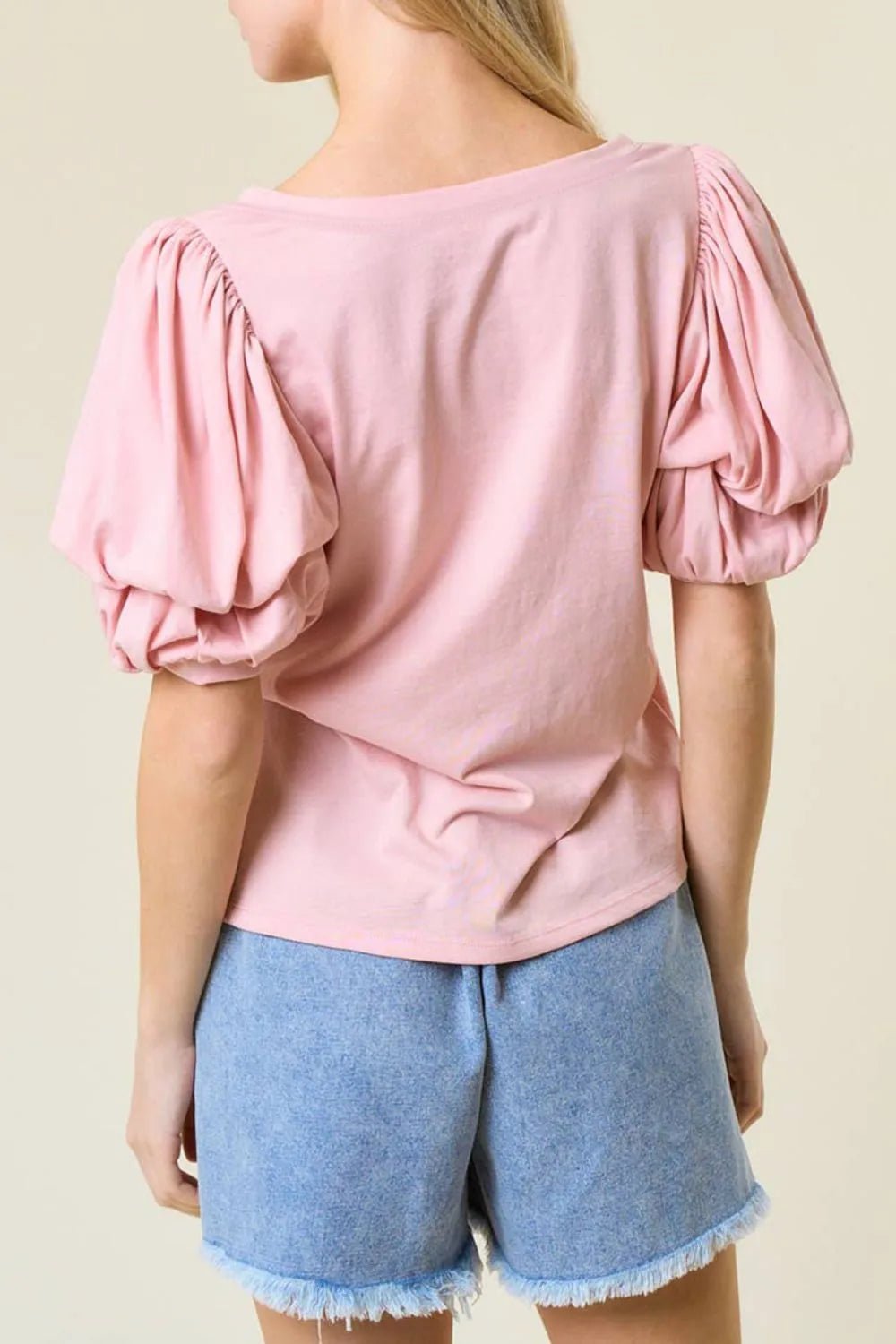 Round Neck Bubble Sleeve Top – Blush Pink by Simply Love