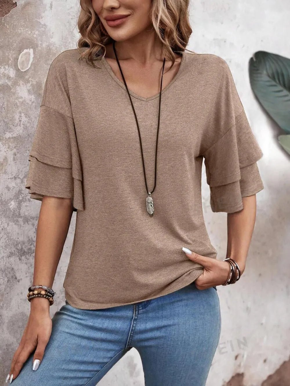 V - Neck Half Sleeve Blouse – Mocha for Shopify Collective (9 view)