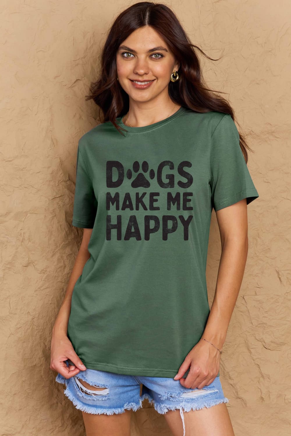 Simply Love Full Size DOGS MAKE ME HAPPY Graphic Cotton T-Shirt – Green Women's Top for Shopify Collective (11 view)