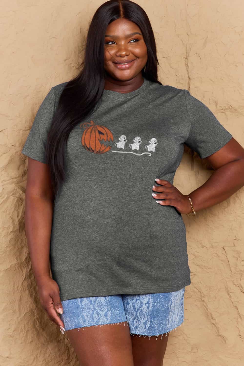 Simply Love Full Size Jack - O' - Lantern Graphic Cotton Tee – Charcoal Women's Top for Shopify Collective (5 view)