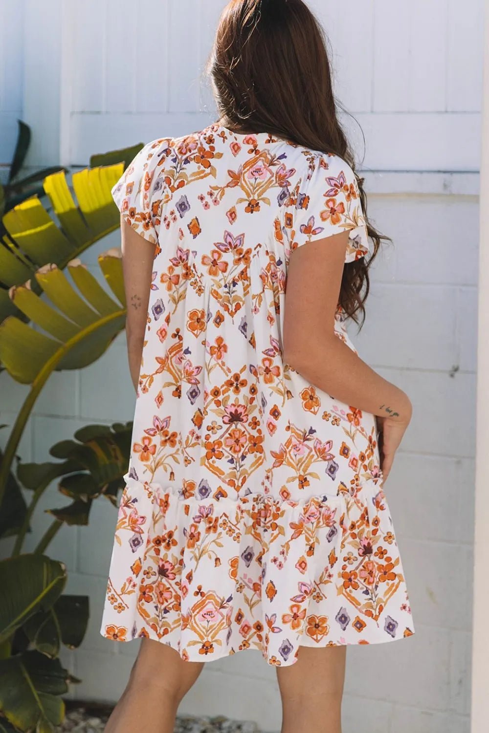 Printed Tie Neck Cap Sleeve Mini Dress – Floral for Shopify Collective (3 view)