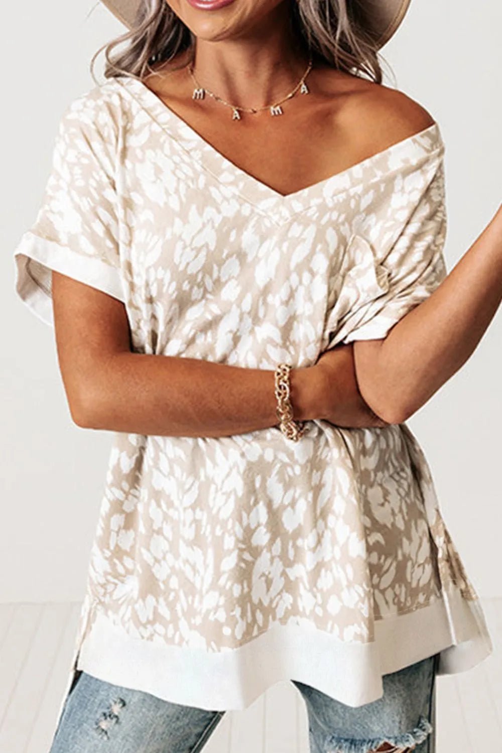 Leopard Print V Neck Side Slit Loose Fit T Shirt – Eggshell for low - stock - alert - sent (3 view)