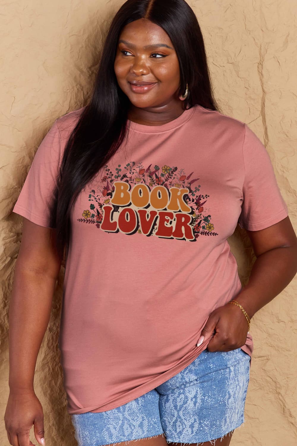Simply Love Full Size BOOK LOVER Graphic Cotton Tee – Dusty Pink Women's Top for Shopify Collective (3 view)