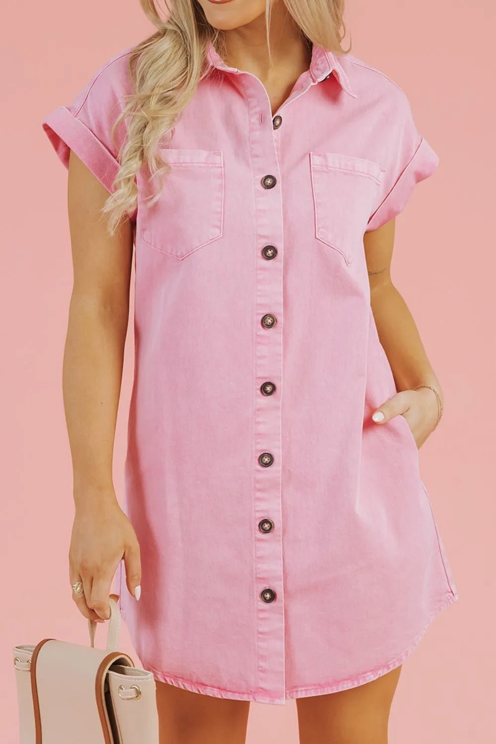 Button Down Short Sleeve Denim Dress – Blush Pink for Shopify Collective (5 view)