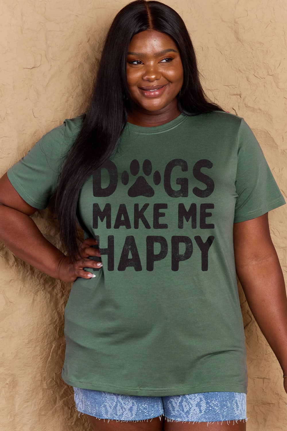 Simply Love Full Size DOGS MAKE ME HAPPY Graphic Cotton T-Shirt – Green Women's Top for Shopify Collective (7 view)