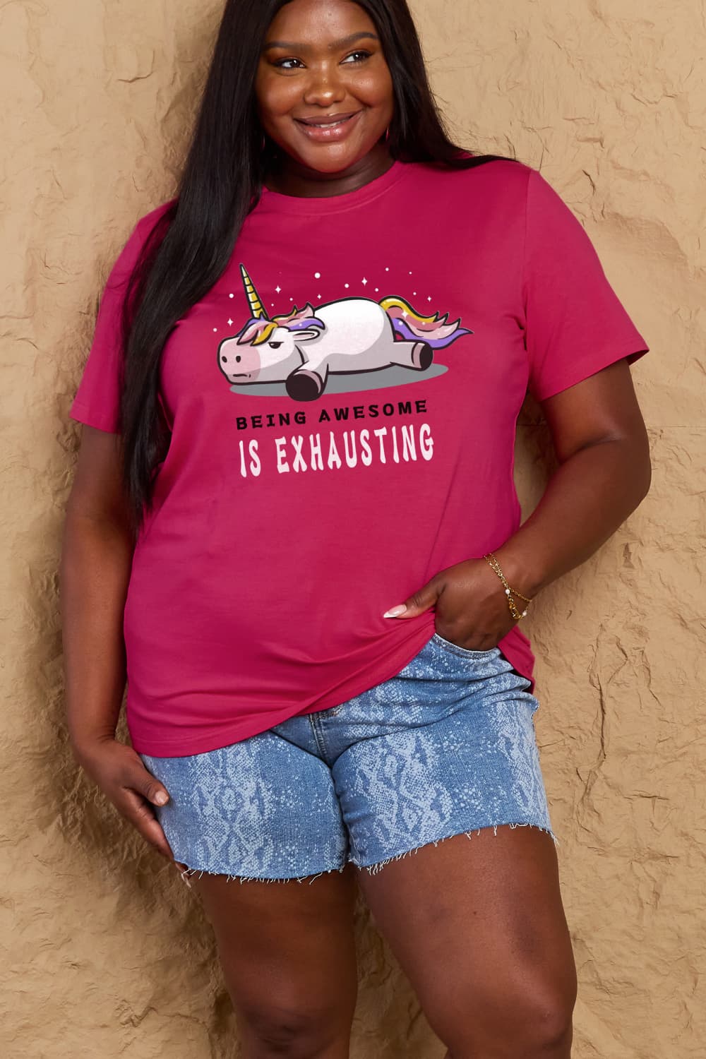 Simply Love Full Size BEING AWESOME IS EXHAUSTING Graphic Cotton Tee – Deep Rose Women's Top for Shopify Collective (5 view)