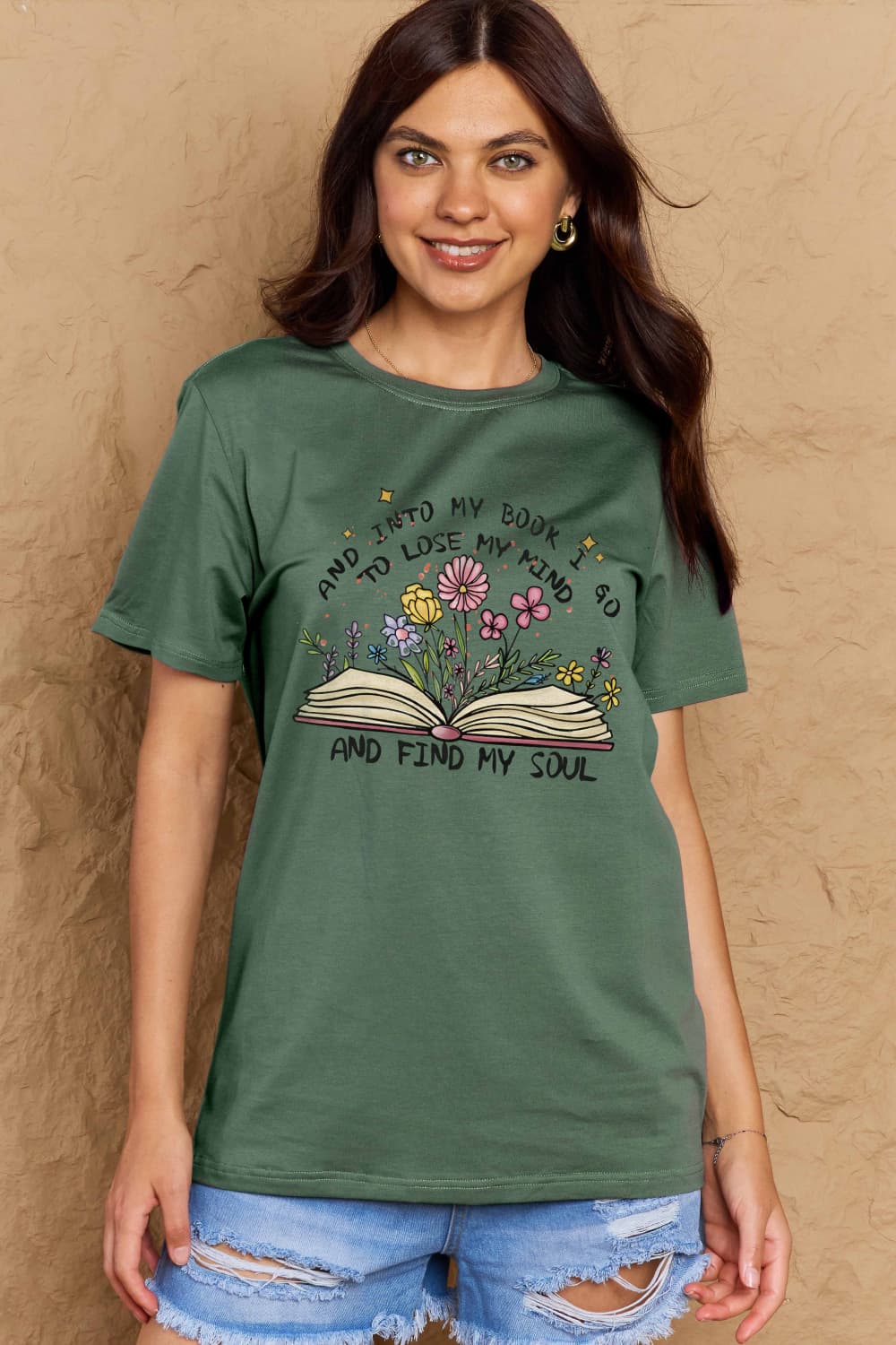 Simply Love Full Size Book & Flower Graphic Cotton Tee – Green by Simply Love
