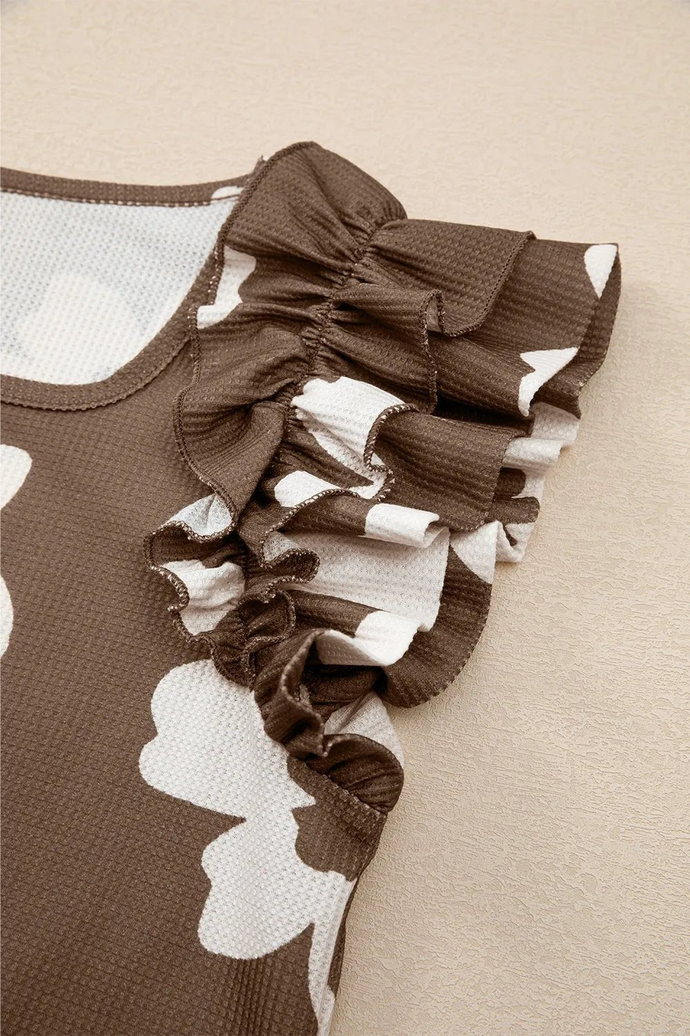 Floral Textured Ruffled Cap Sleeve Blouse – Taupe for Shopify Collective (7 view)