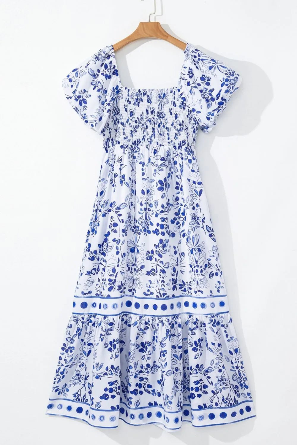 Smocked Printed Square Neck Puff Sleeve Dress – Royal Blue by Simply Love