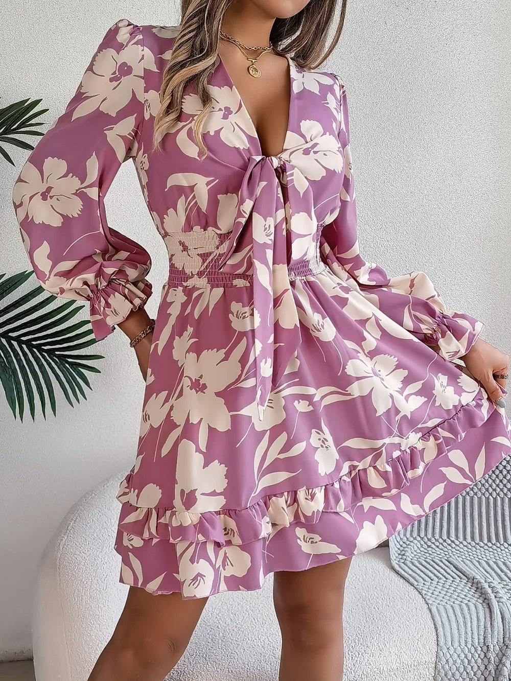 Tied Ruffled Printed Long Sleeve Dress – Lilac Women's Top for Shopify Collective (4 view)
