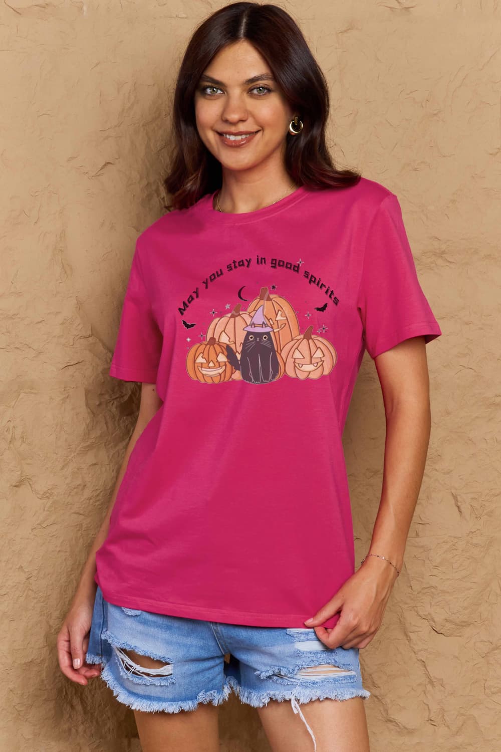 Simply Love Full Size MAY YOU STAY IN GOOD SPIRITS Graphic Cotton T-Shirt – Deep Rose Women's Top for Shopify Collective (17 view)
