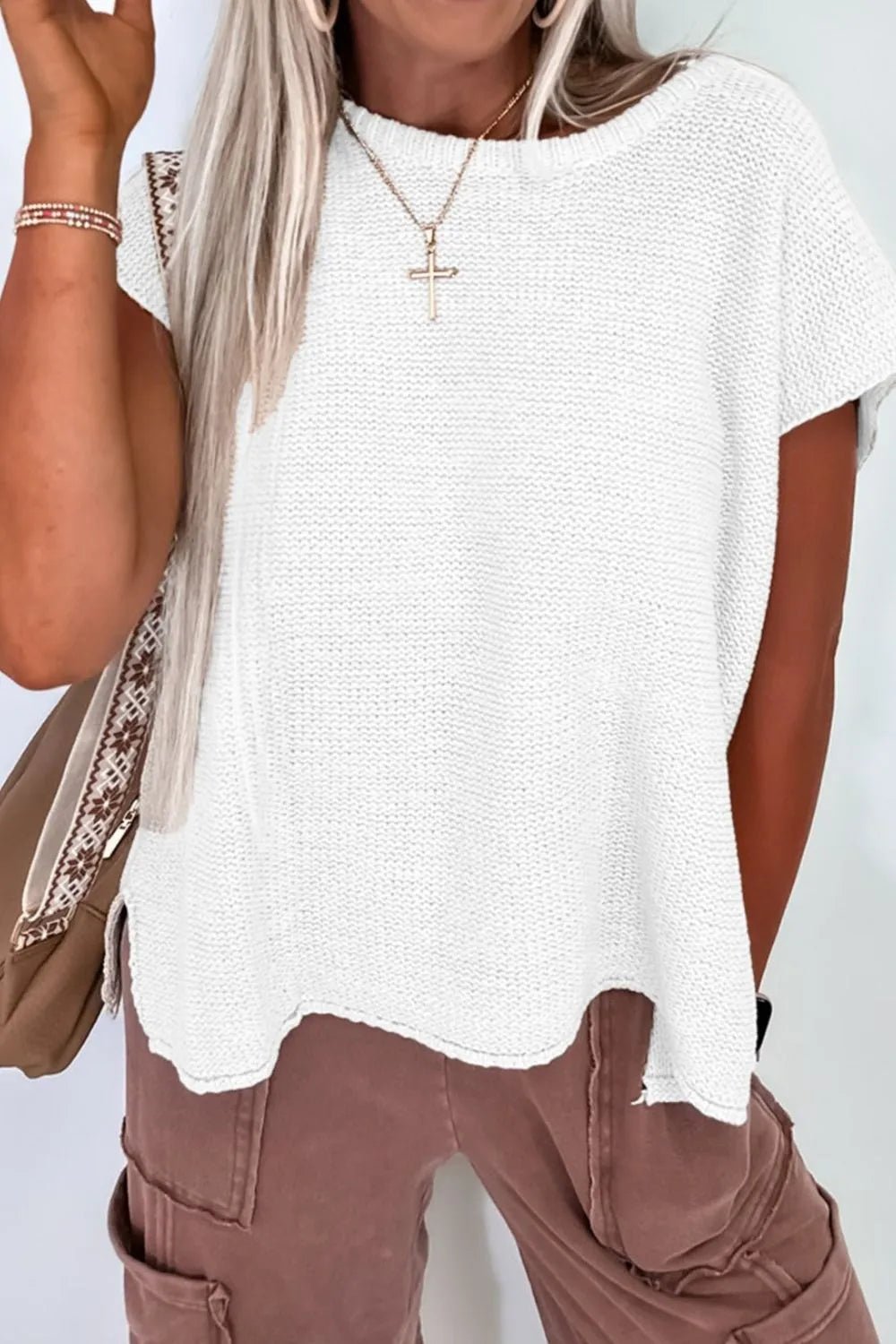 Side Slit Round Neck Knit Top – White for Shopify Collective (3 view)