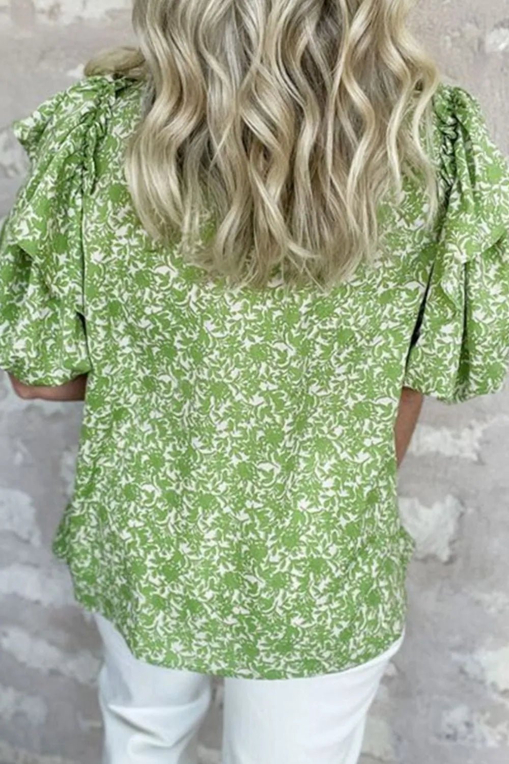Floral Ruffle Puff Short Sleeve Frilled Notched Blouse – Light Green for Shopify Collective (2 view)