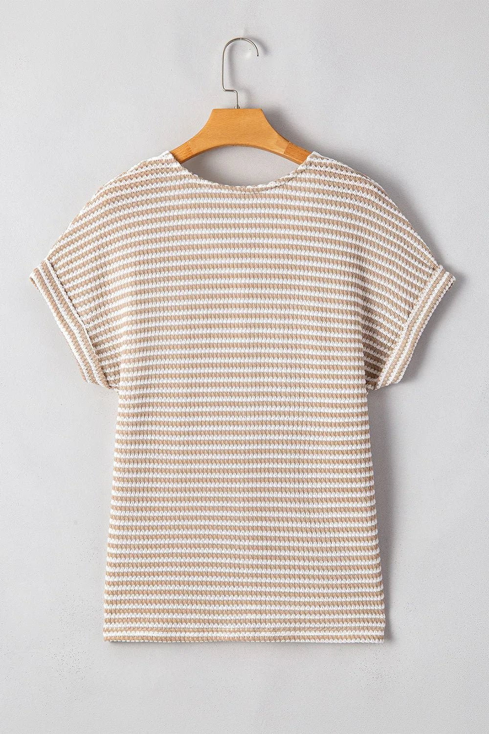 Stripe Buttoned Front V Neck T Shirt – Khaki by Simply Love