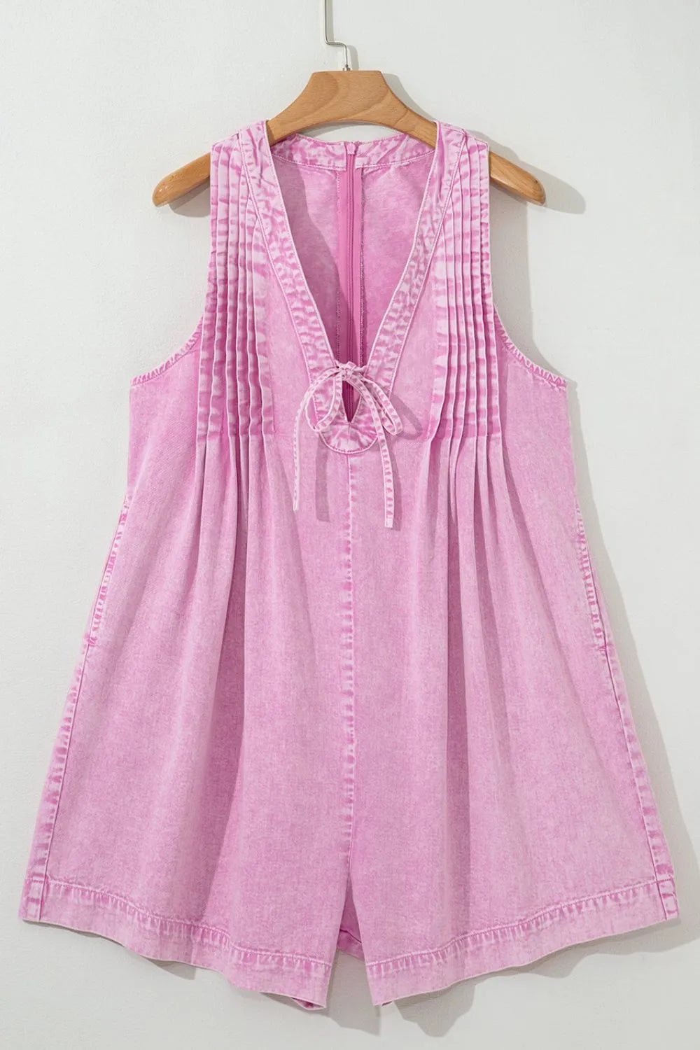Mineral Wash Pleated Bust V Neck Sleeveless Denim Romper – Pink for Shopify Collective (3 view)