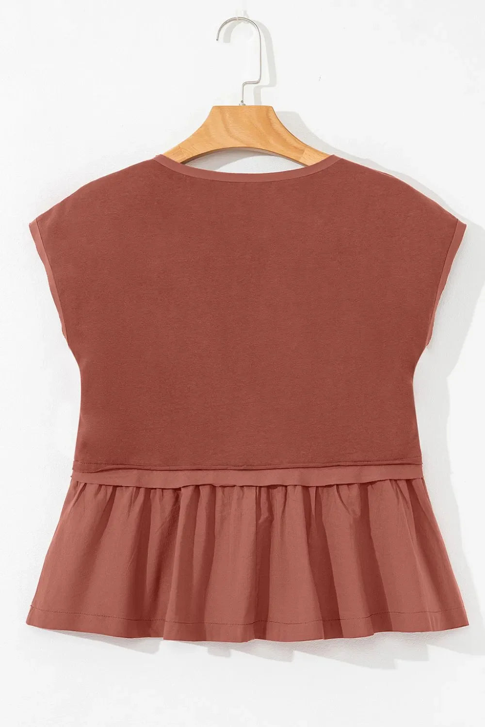 Short Sleeve U Neck Buttons Splicing Ruffle Blouse – Terracotta for Best Sellers (9 view)