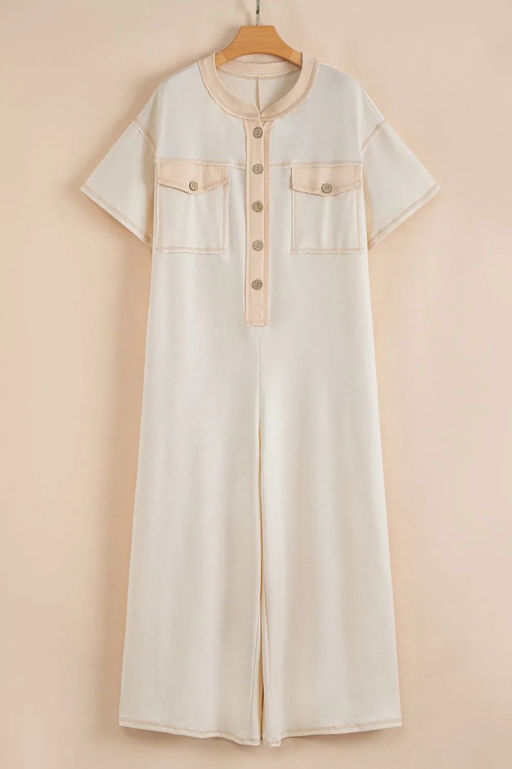 Pocket Front Short Sleeve Wide Leg Jumpsuit – Beige for Shopify Collective (6 view)