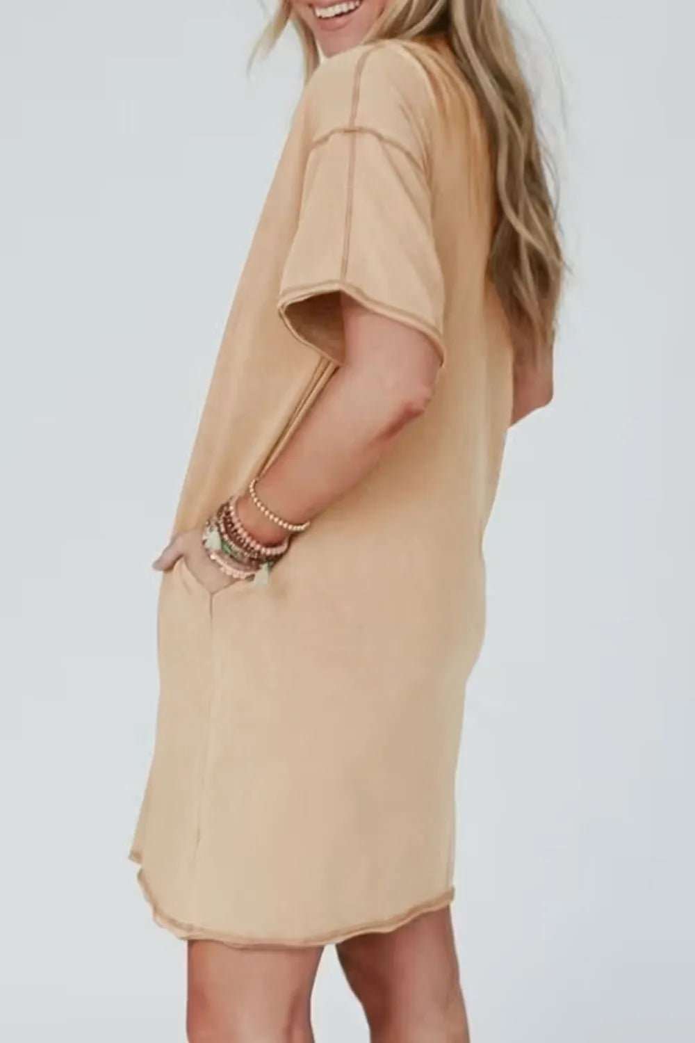 Mineral Wash Stud Beaded Star Pocketed T Shirt Dress – Khaki by Simply Love
