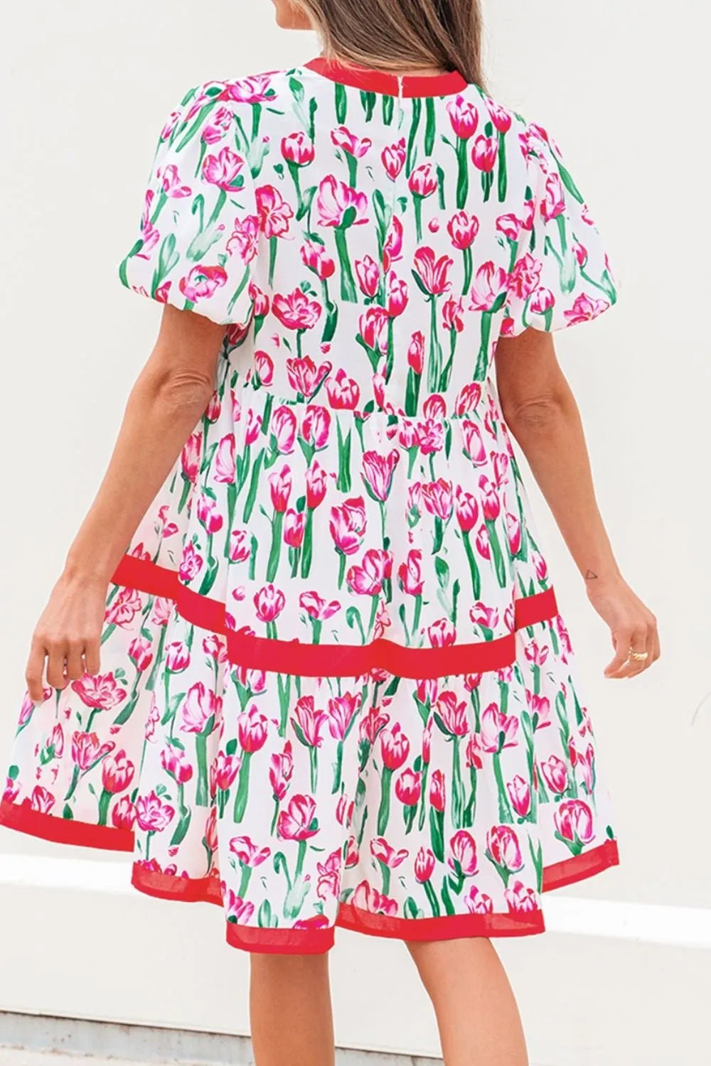 Floral Print Contrast Trim V Neck Bubble Short Sleeve Babydoll Dress – Strawberry for Shopify Collective (2 view)