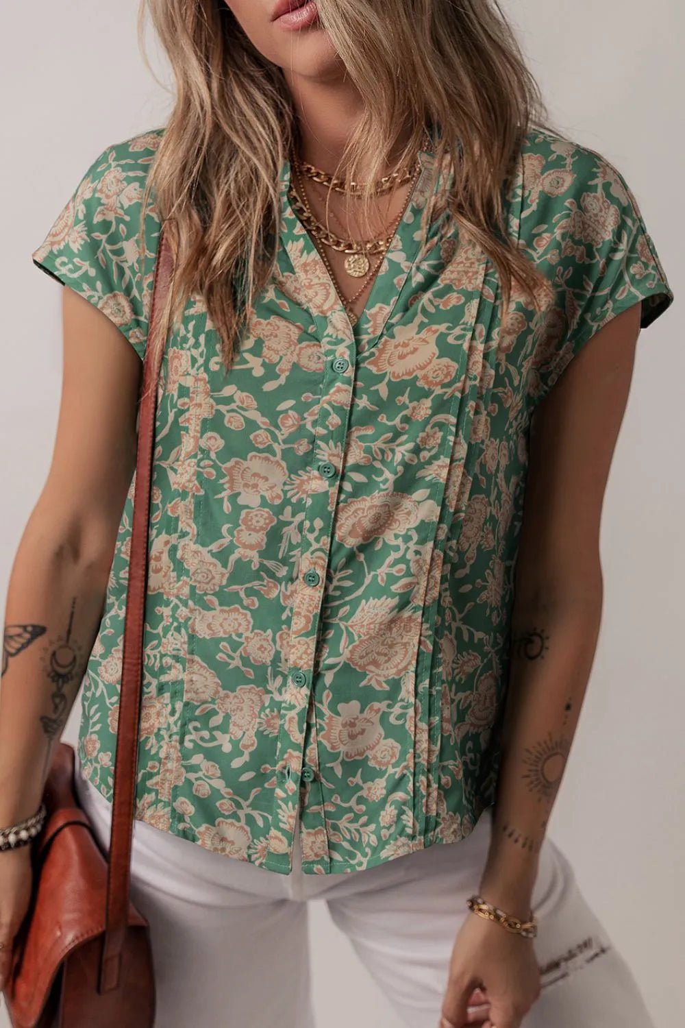 Printed Pleated Buttoned Notched Short Sleeve Blouse – Matcha Green for Shopify Collective (3 view)
