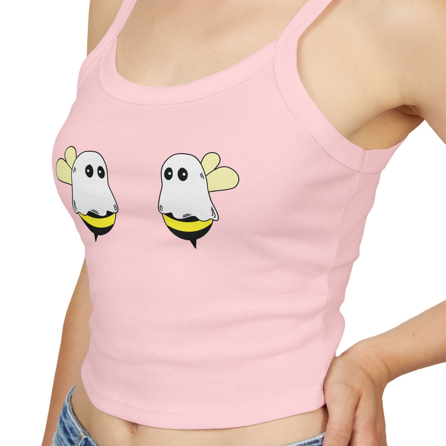 Pink tank top with ghost and light bulb design on a white background