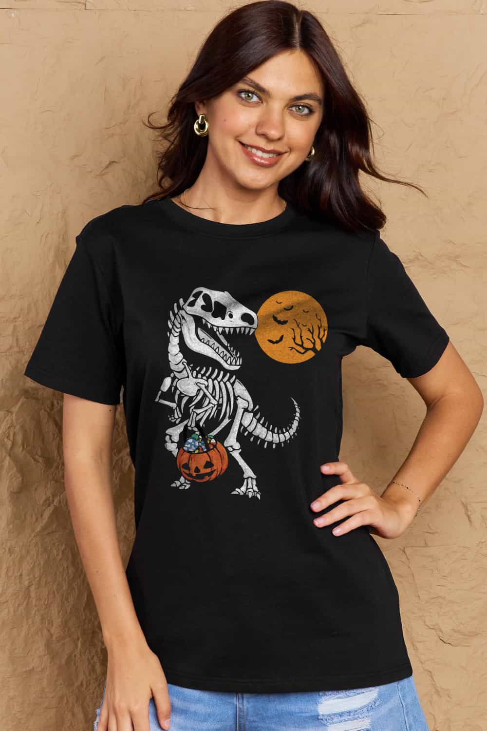 Simply Love Full Size Dinosaur Skeleton Graphic Cotton Tee – Black Women's Top for Shopify Collective (3 view)