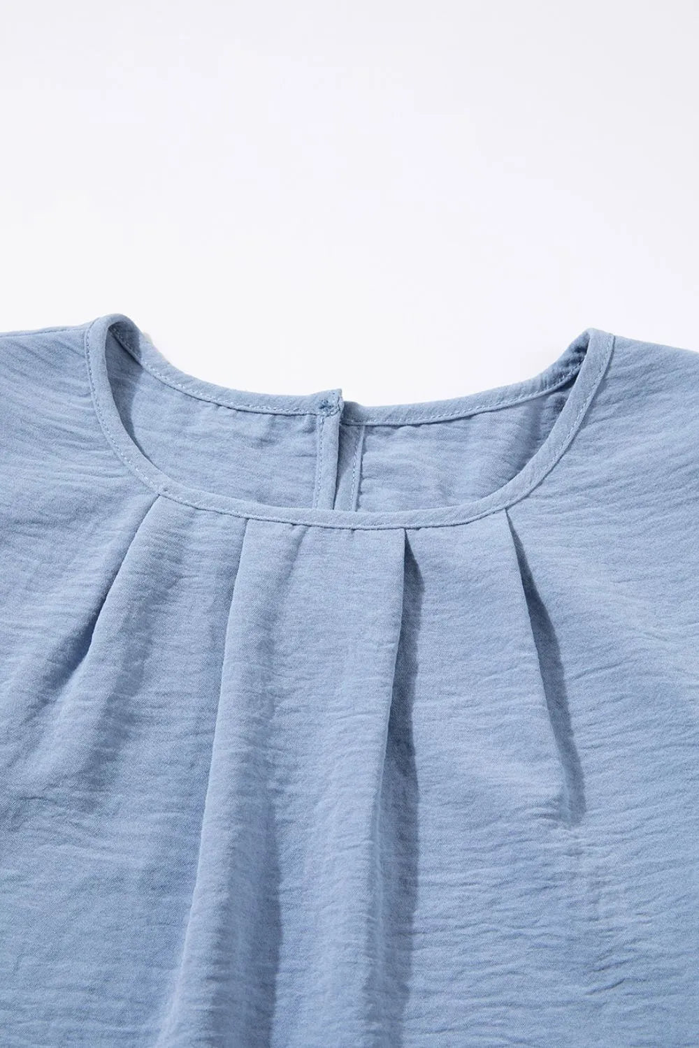 Solid Color Flounce Sleeve Pleated Round Neck Blouse – Light Blue by Simply Love
