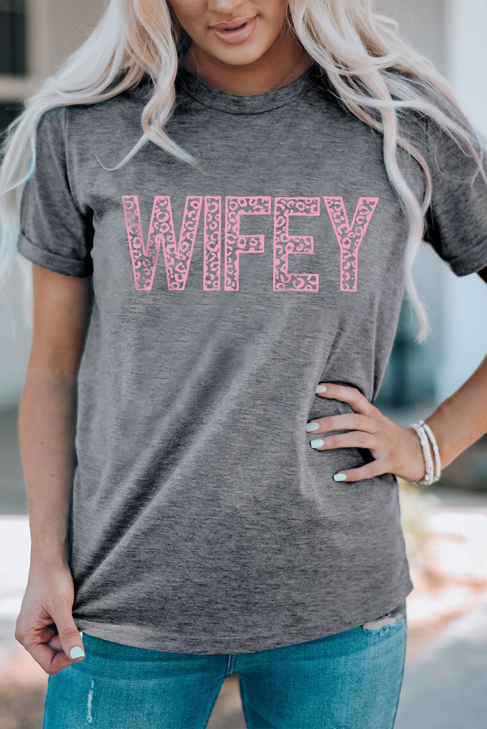 WIFEY Leopard Graphic Short Sleeve Tee – Mid Gray for Shopify Collective (3 view)