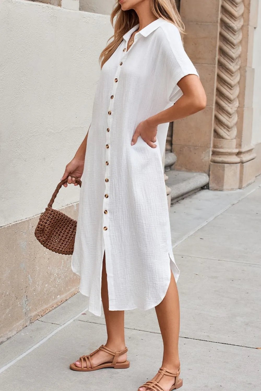 Button Down Short Sleeve Midi Shirt Dress – White for Shopify Collective (5 view)