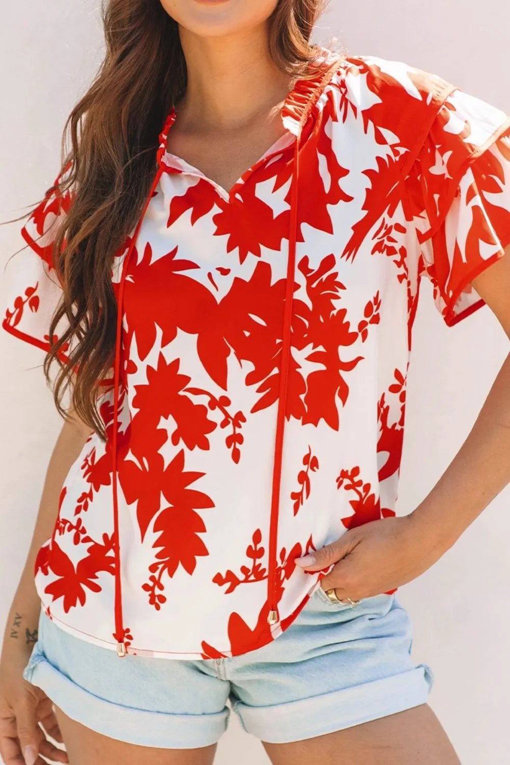Plant Print Tiered Ruffled Sleeve Tie Neck Blouse – Red for Shopify Collective (4 view)