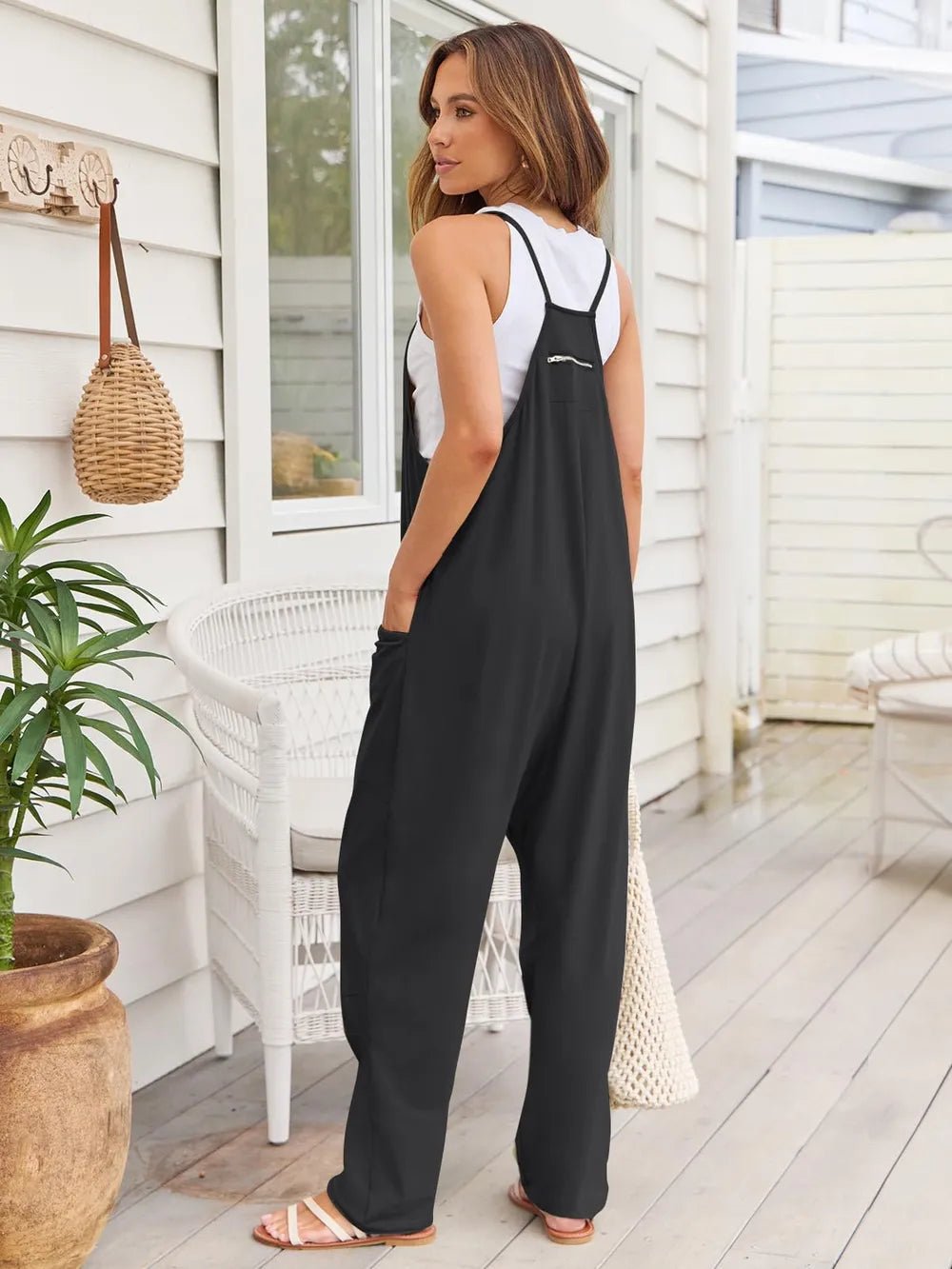 V - Neck Spaghetti Strap Jumpsuit – Black for Shopify Collective (3 view)