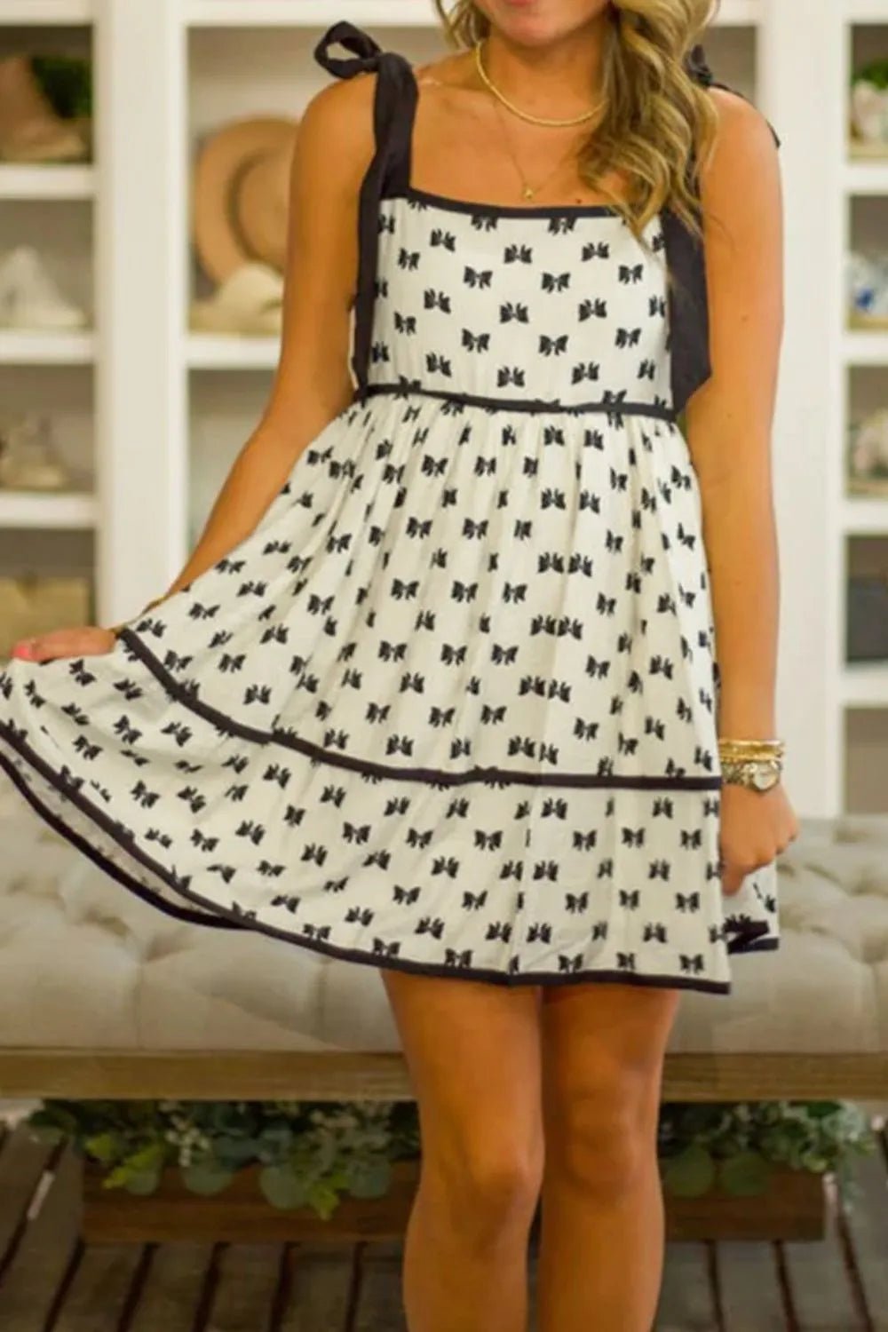 Bow Knot Color Contrast Trim Knotted Shoulder Mini Dress – Beige for Shopify Collective (3 view)