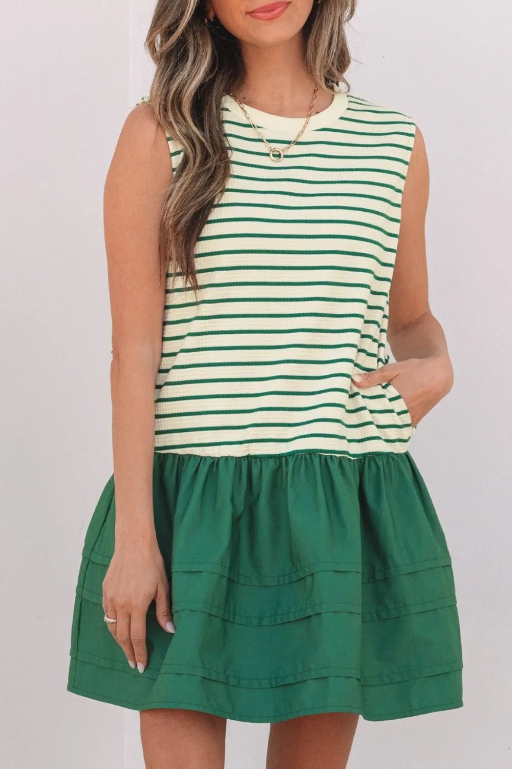 Stripe Woven Sleeveless Mini Dress – Dark Green for Shopify Collective (3 view)