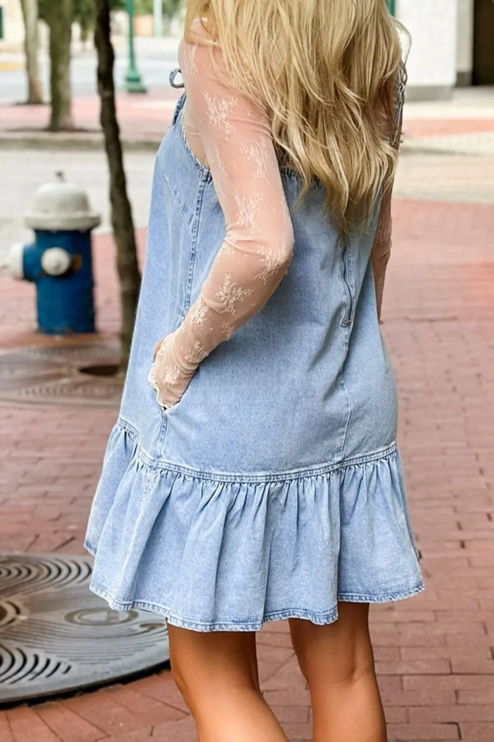 Bow Detail Spaghetti Straps Ruffle Hem Denim Dress – Light Blue Dresses for Shopify Collective (4 view)