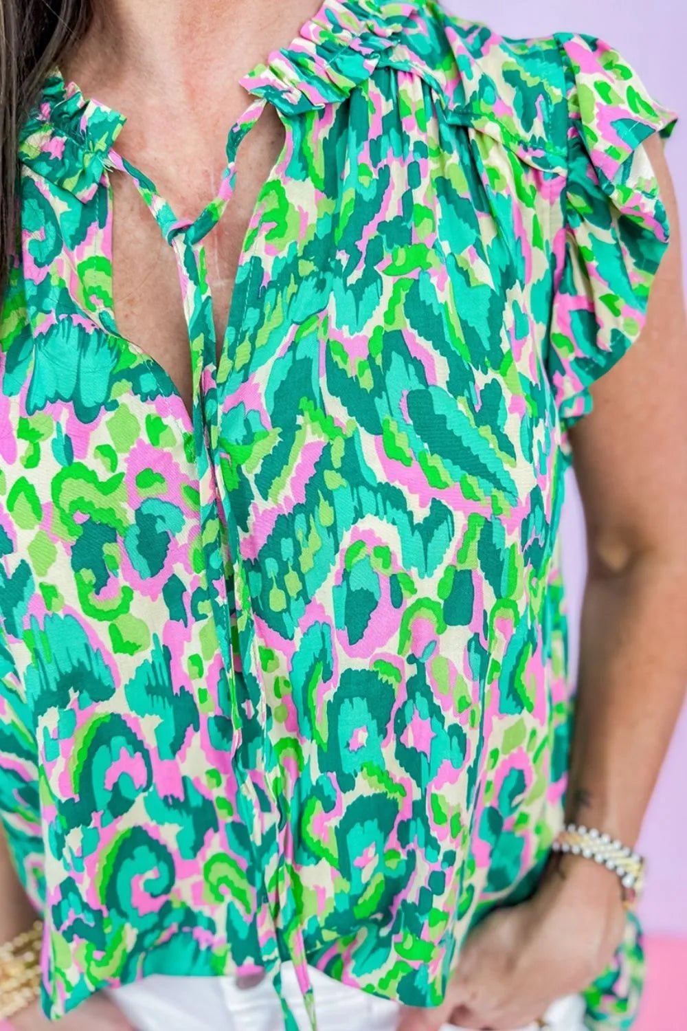 Abstract Print Ruffled Trim Tie Neck Top – Green by Simply Love