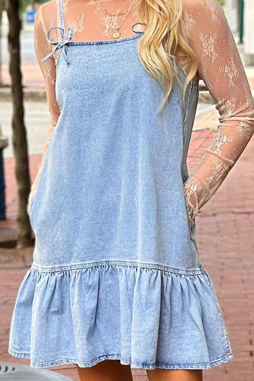 Bow Detail Spaghetti Straps Ruffle Hem Denim Dress – Light Blue Dresses for Shopify Collective (3 view)