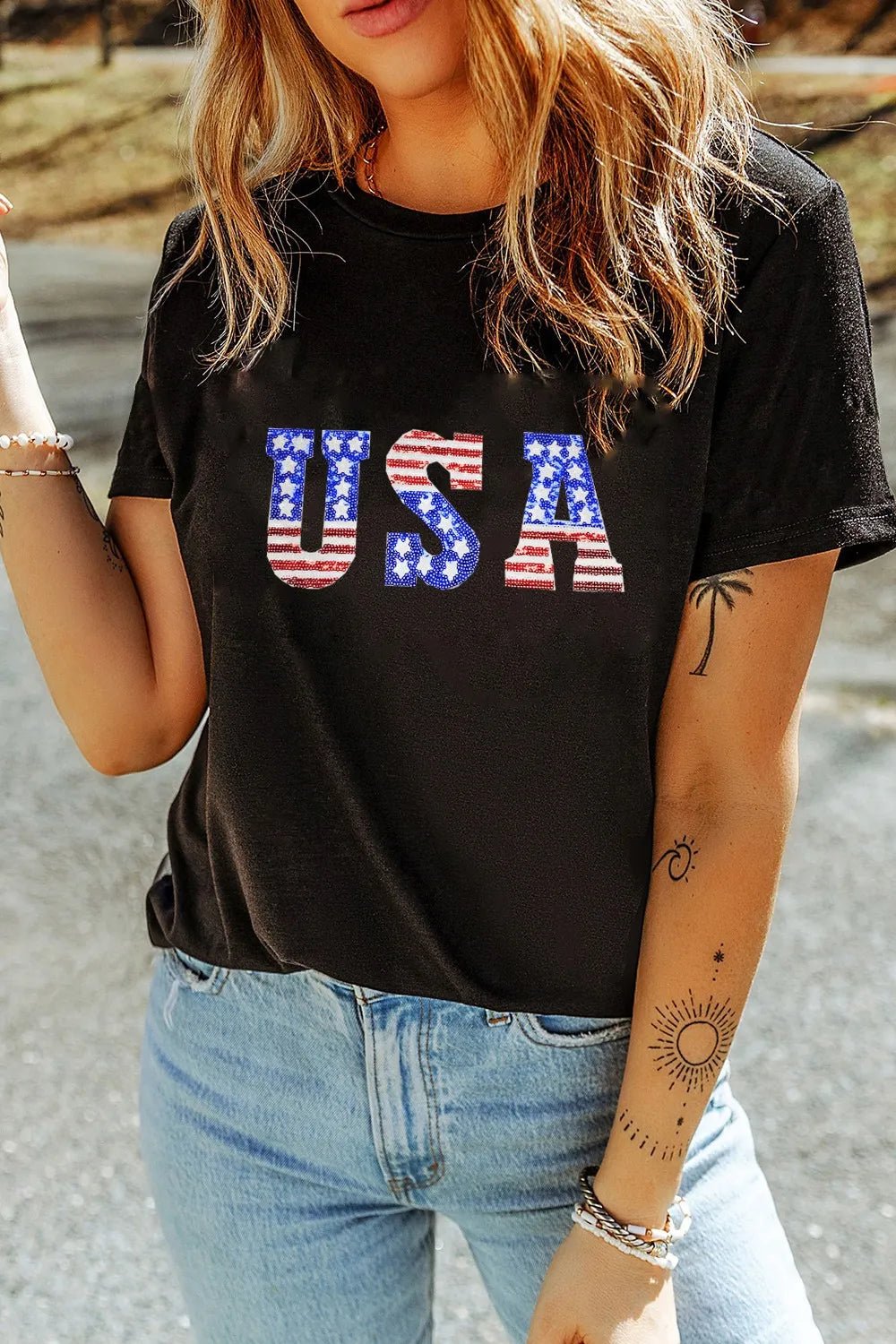 USA Round Neck Short Sleeve T-Shirt – Black by Simply Love