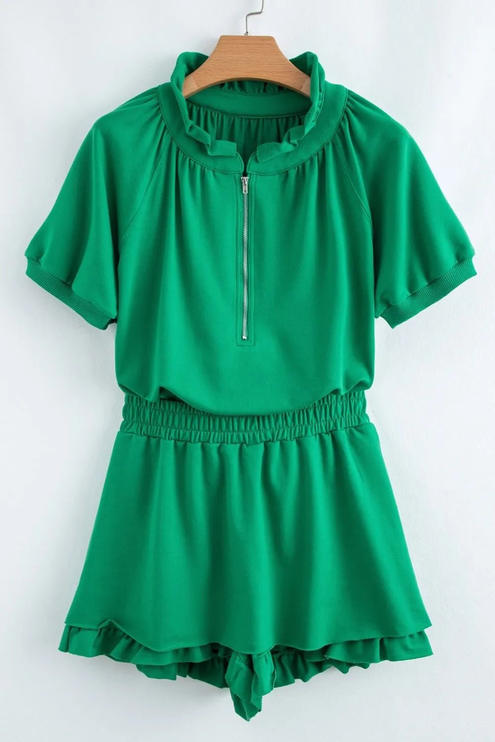 Frill Zip Front Puff Sleeve Top and Skort Set – Green for Shopify Collective (8 view)