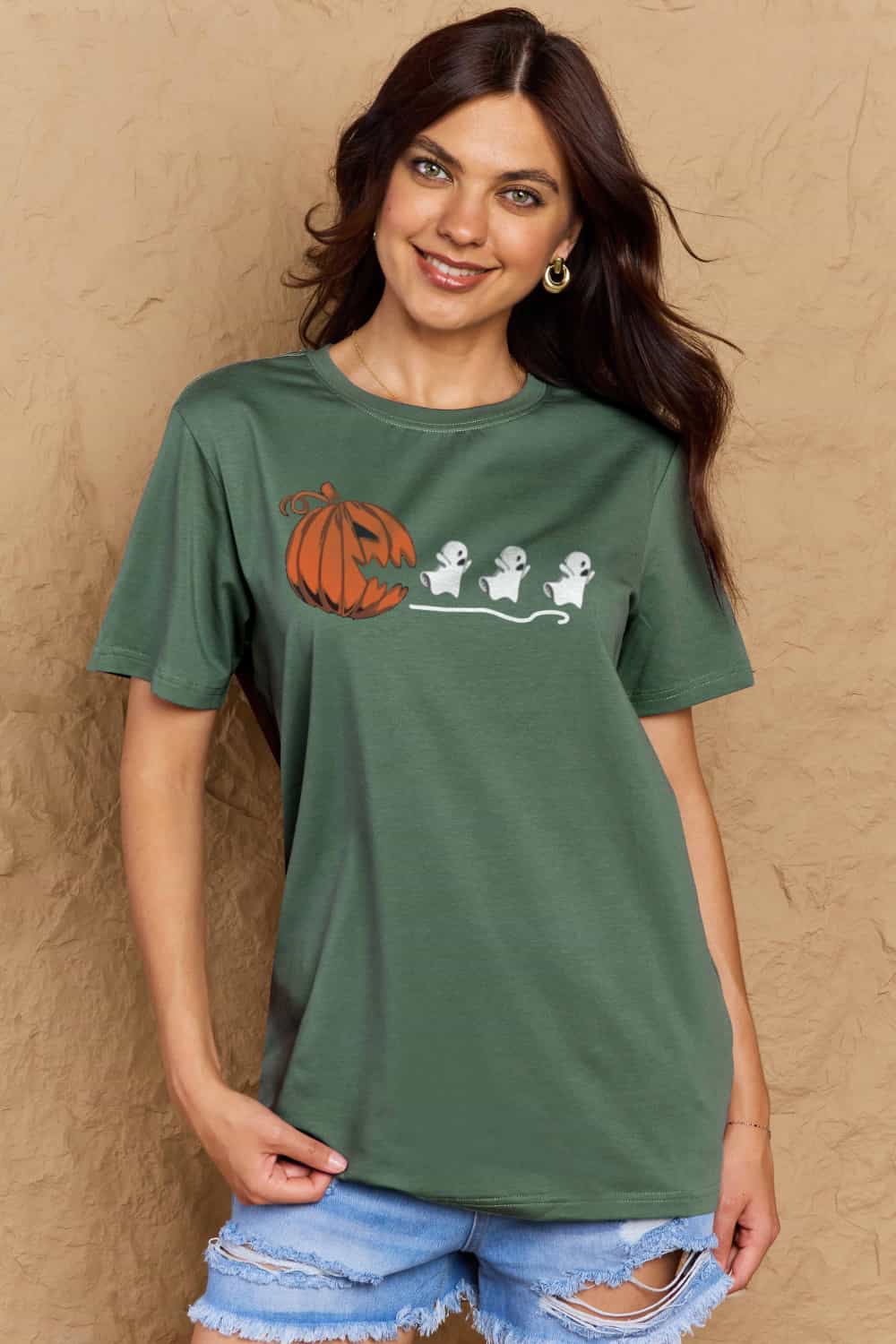 Simply Love Full Size Jack - O' - Lantern Graphic Cotton Tee – Green Women's Top for Shopify Collective (25 view)
