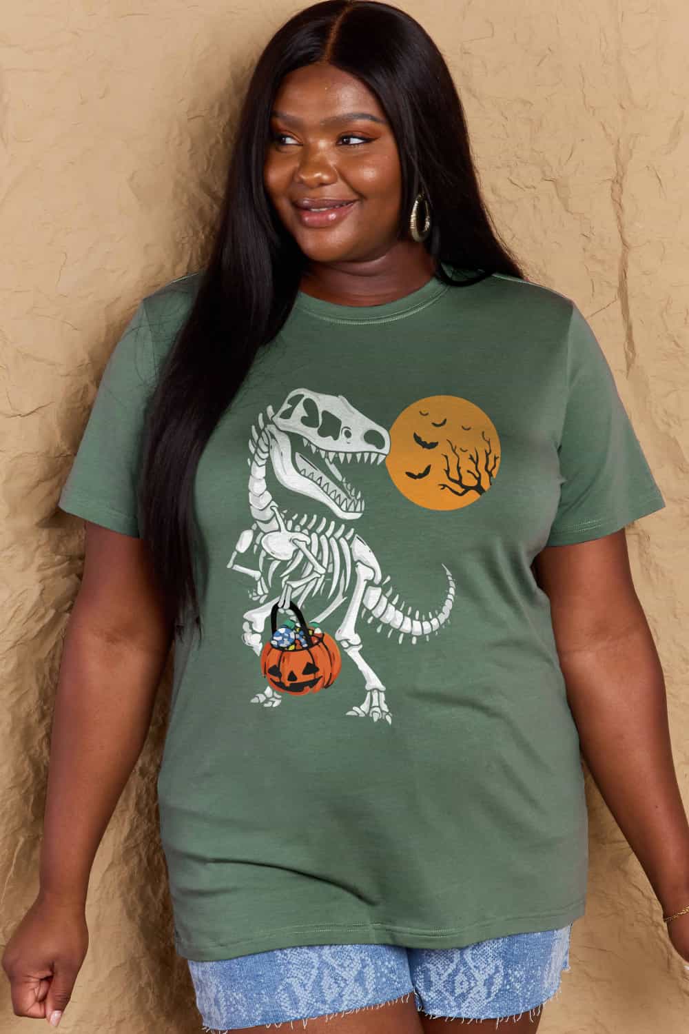 Simply Love Full Size Dinosaur Skeleton Graphic Cotton Tee – Green Women's Top for Shopify Collective (17 view)
