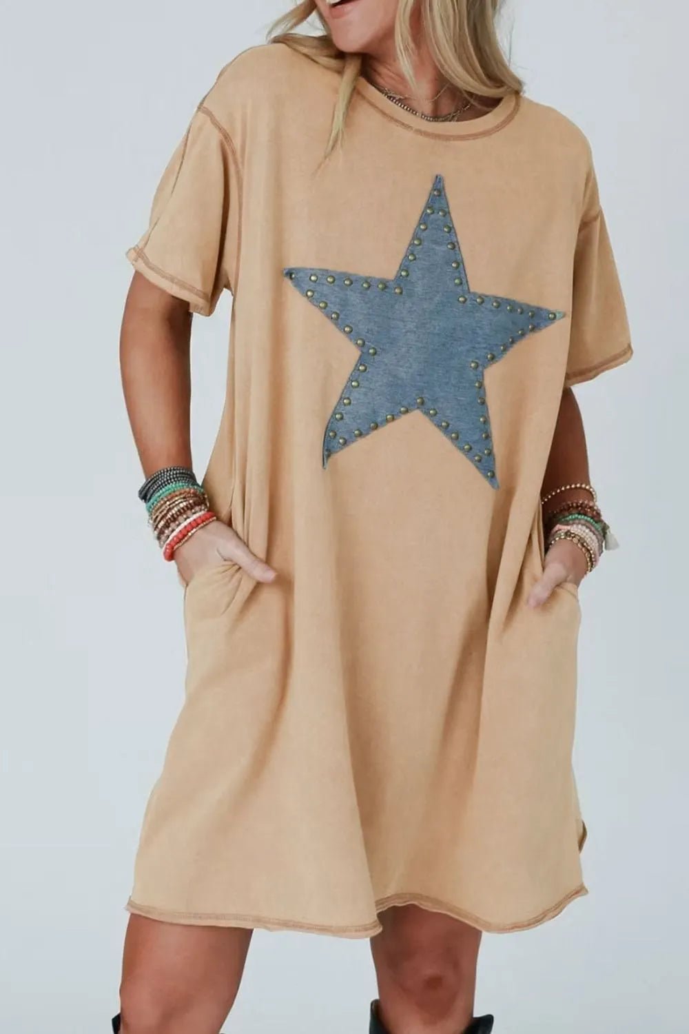 Mineral Wash Stud Beaded Star Pocketed T Shirt Dress – Khaki by Simply Love