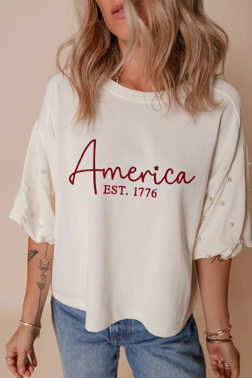 AMERICA EST 1776 Embroidered Pearl Beaded Sleeve T Shirt – White for Shopify Collective (5 view)