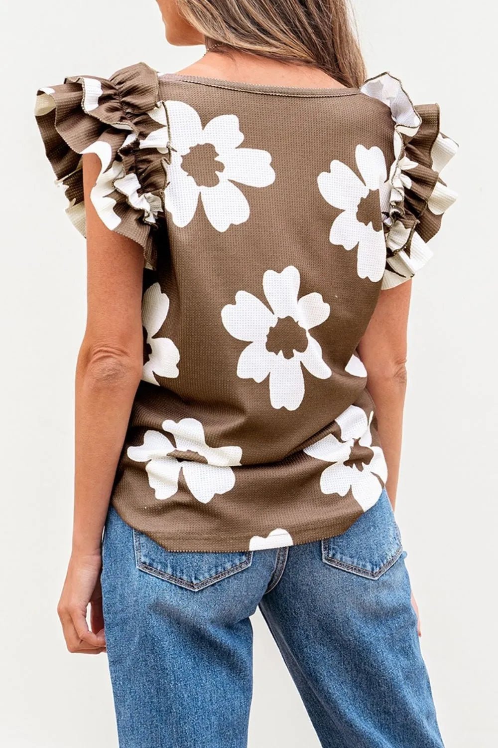 Floral Textured Ruffled Cap Sleeve Blouse – Taupe for Shopify Collective (3 view)