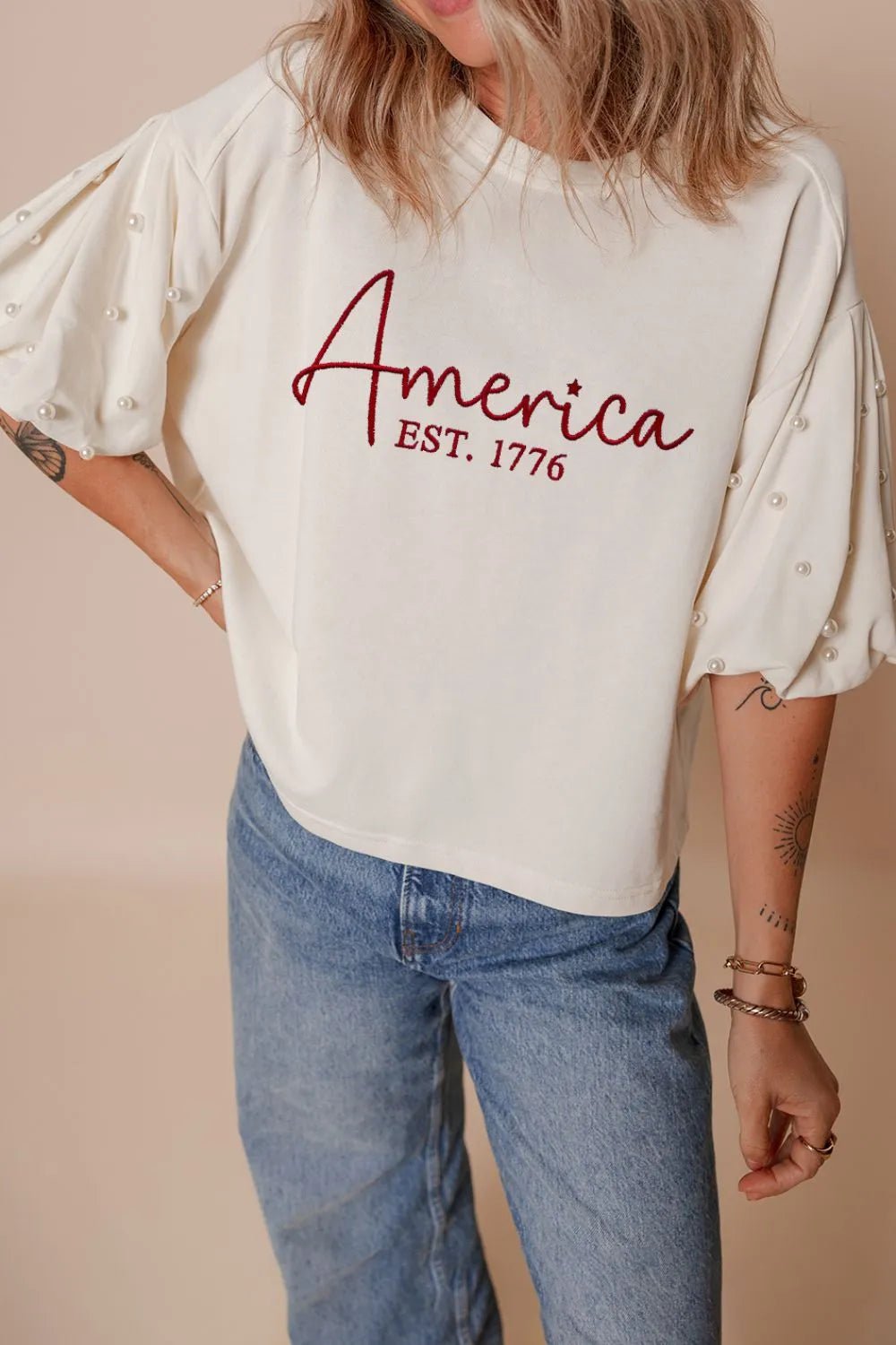 AMERICA EST 1776 Embroidered Pearl Beaded Sleeve T Shirt – White for Shopify Collective (4 view)